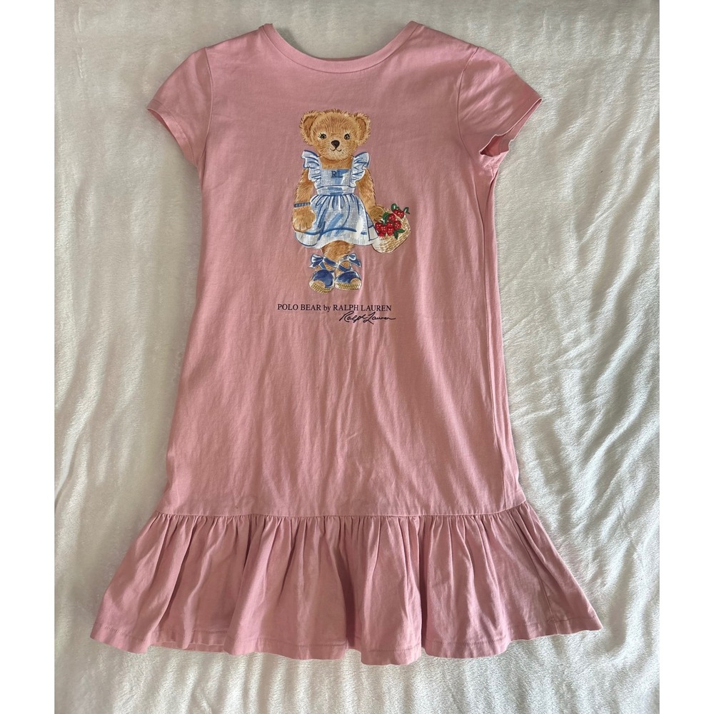 Polo Ralph Lauren Girls Pink Polo Bear Ruffle Hem T-Shirt Dress Size M 8-10